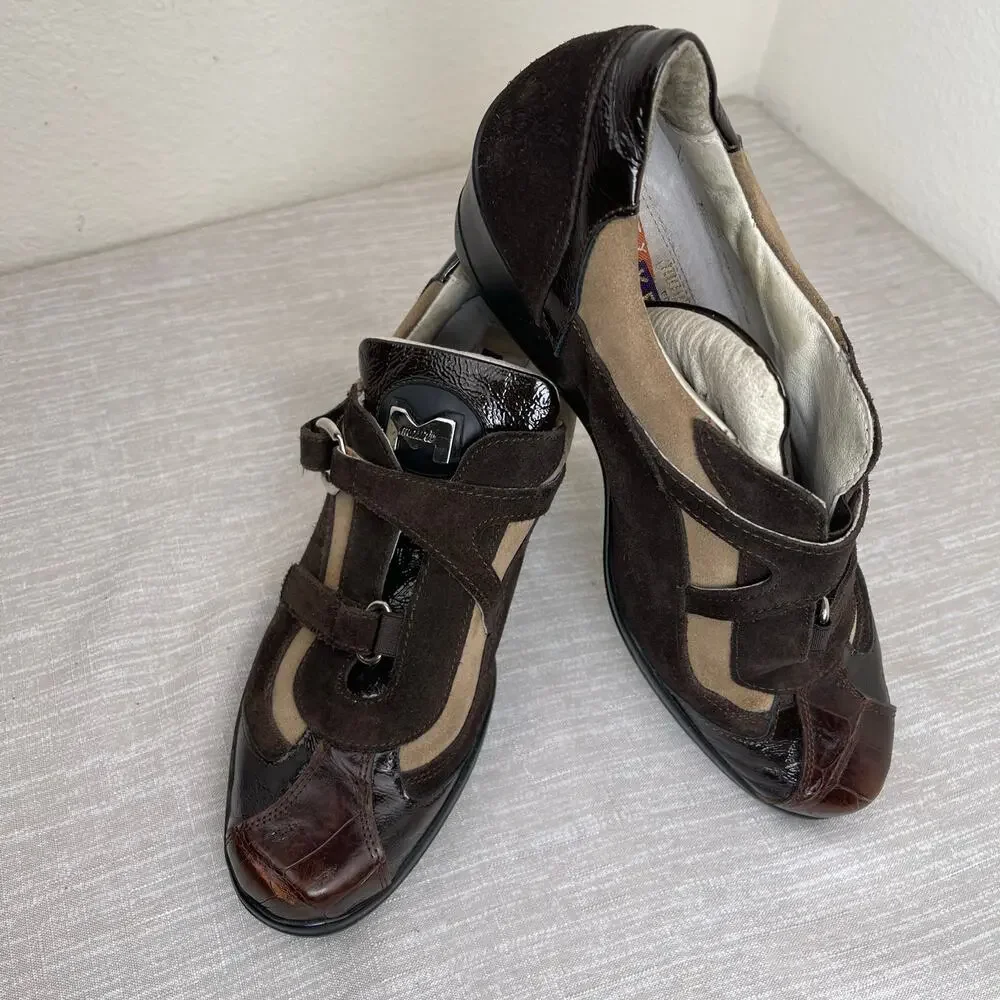Mauri Suprema 8651 Women 9 Brown Baby Crocodile Suede Patent Leather Wedge Shoes